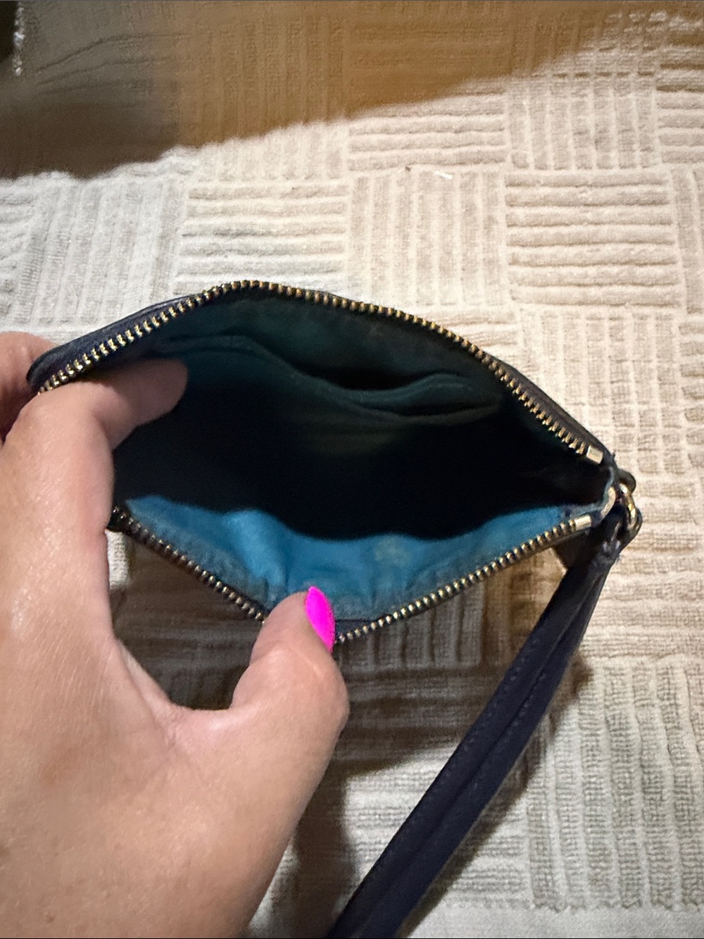 Coach Khaki Signature Wristlet with Teal and Navy Stripes - Picture 5 of 5